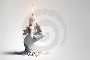 A wax hand holds a burning candle. Space for text.