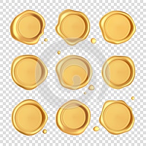 Wax seal collection. Gold stamp wax seal set with drops isolated on transparent background. Realistic guaranteed golden