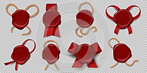 Wax seal. Realistic certificate stamps with ribbons and ropes, 3d medieval royal envelope labels. Vector empty seals