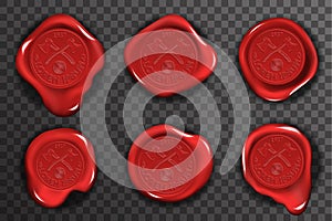 Wax seal stamp red certificate sign transparent background mockup icons set 3d realistic design vector illustration