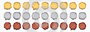 Wax seals, golden and silver stamps, vector realistic warranty labels. Shiny gold and red wax stamp seals templates, quality