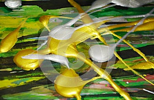 Hypnotic waxy white silvery green gold hues, splashes, brush strokes watercolor paint. Watercolor paint abstract background.