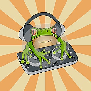 Waxy monkey tree frog DJ mixer against sunburst vintage background. Hand drawn artistic vector