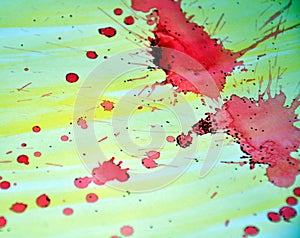 Watercolor paint green pink yellow blurred waxy gold spots colorful hues, strokes of brush, backgrounnd