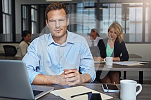 This is the way we do business. Portrait of a businessman using a laptop at his desk with his colleagues in the