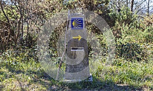 Way marker sign, that guides the pilgrims along the Camino de Santiago, Galicia, Spain.