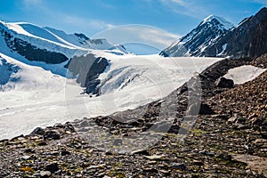 The way to the Aktru glacier. Snowy high-altitude plateau. Alpine landscape with snow-capped mountain peak and sharp rocks under