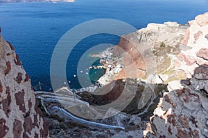 Way to the Amoudi Bay port in Santorini island