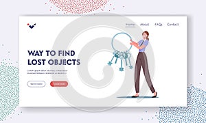 Way to Find Lost Objects Landing Page Template. Tiny Woman in Uniform Carry Huge Bunch of Keys. Lost and Found Service