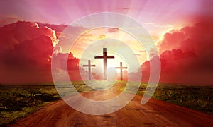 The Way to God.Highway to Heaven. Red sky at sunset. Beautiful landscape with road.Jesus cross concept. A road leads up to cross