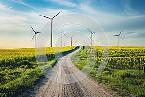The way to the green future, Road in the middle of the field towards the wind turbines