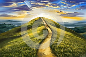 way to heaven, sunrise, summer landscape, road to in the mountains, digital art illustration painted with watercolors photo