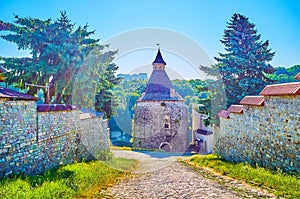 The way to Honcharna Tower Pottery Tower, the preserved tower on the edge on medieval Kamianets-Podilskyi town, Ukraine photo