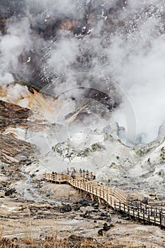 Way to hot spring of Noboribetsu Jigokudani Hell Valley: The volcano valley got its name from the sulfuric smell.