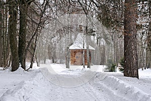 Way to the Old Wooden Chapel in Woods in Snowfall