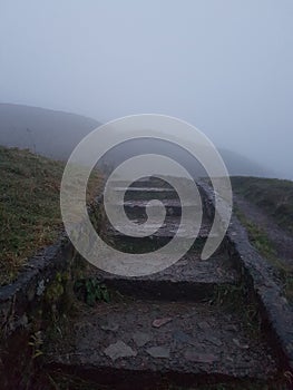 Way to the sky  in the fog on the morning