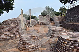 Way to Temple No 31 and pillars, Votive stupas, ancient Buddhist monument at Sanchi,