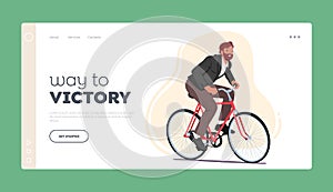 Way to Victory Landing Page Template. Businessman Character Wearing Formal Suit Riding Bicycle Take Part in Competition