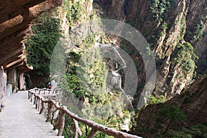 Stone Steep Steps . Trekking walking hiking Huangshan Mountain.