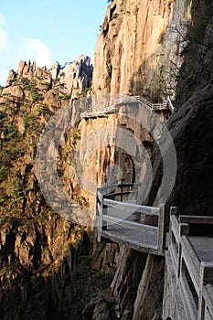 Stone Steep Steps . Trekking walking hiking Huangshan Mountain.