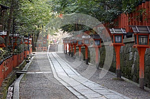 The way of vermilion lanterns at Yasaka Shrine. Kyoto. Japan