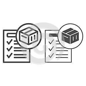 Waybill, box, sheet of paper, checkmark, form line and solid icon, documents concept, invoice vector sign on white