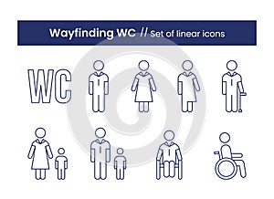 Wayfinding WC linear icons set. Vector illustration isolated on a white background.
