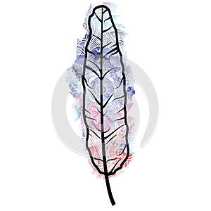 WAztec style feathers symbolizing native American culture o colorful watercolors background with mandala lace tattoo style photo