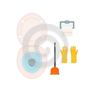 WC icon set.Toilet bowl,paper,brush or plunger and latex gloves flat style