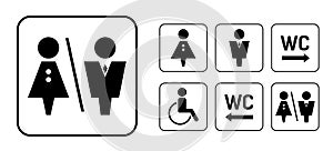 WC sign icon in square. Set Washroom vector sign.