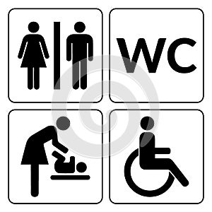 WC signs set. Man, woman, mother with baby and handicapped silhouettes isolated on white background. Male and female