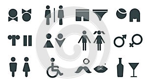 Wc symbols for man and woman, disabled person toilet icon. Male and female pictogram bathroom sign design with lips and