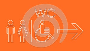 WC, toilet neon vector icon . Men and women sign for restroom on