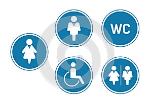 WC toilet sign icons for toilet door. Blue circle Set Washroom