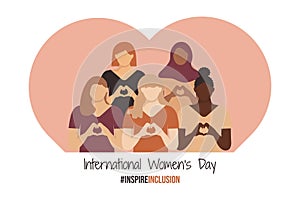 WD InspireInclusion horizontal design with girls shows Heart Shape with their hands. International Women\'s Day banner 2024. photo
