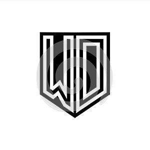 WD Logo monogram shield geometric white line inside black shield color design