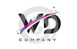 WD W D Black Letter Logo Design with Purple Magenta Swoosh