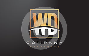 WD W D Golden Letter Logo Design with Gold Square and Swoosh.