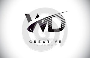 WD W D Letter Logo Design with Swoosh and Black Lines.