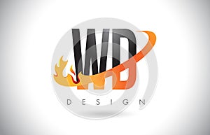 WD W D Letter Logo with Fire Flames Design and Orange Swoosh.