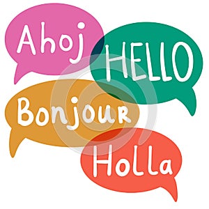 Hello, Hi with speech bubbles on different languages.