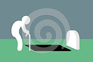 Weak aged old man is standing near grave hole in graveyard and cemetery