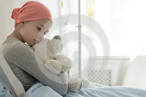 Weak girl with cancer wearing pink headscarf and hugging teddy bear