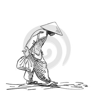 Weak hunched old woman in vietnamese hat walking with bag in hand, Vector sketch, Hand drawn