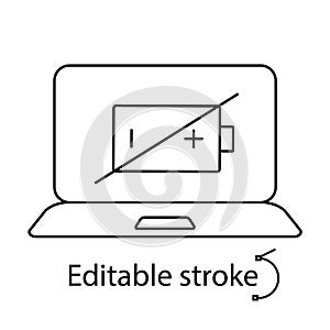 Weak laptop battery outline icon. Computer hold charge problem. Laptop repairs. Customizable linear contour symbol