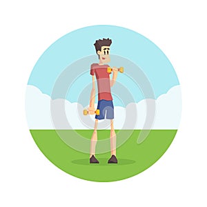 Weak Man Exercising with Dumbbells on Nature, Physical Workout Training, Active Healthy Lifestyle Vector Illustration