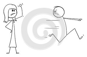 Weak Man or husband Flees or Running Away From Strong Woman or Wife, Vector Cartoon Stick Figure Illustration