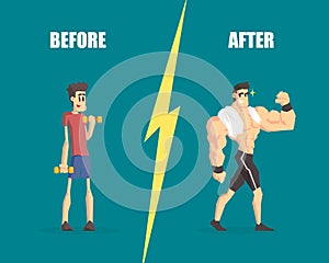 Weak and Muscular Men, Man Before and After Training, Demonstration of Progress in Training