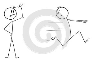 Weak Person Flees or Running Away From Strong Man, Vector Cartoon Stick Figure Illustration