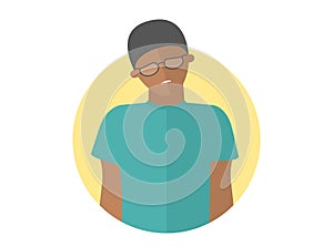 Weak, sad, depressed black boy in glasses. Flat design icon. Handsome man with feeble depression emotion. Simply editable